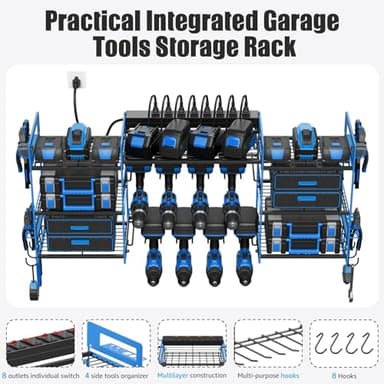 CCCEI Blue Power Tool Organizer Wall Mount, Large Tools and Battery Storage Rack Charging Station Individual Switches. Drills Holder, Garage Utility Shelves with 6FT Power Strip. Gift for Men. - Image 6