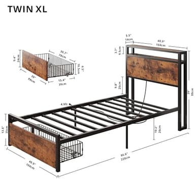 LIKIMIO Twin XL Bed Frames with Drawer, Storage Headboard with Outlets, No Box Spring Needed, Easy Assembly, Vintage Brown - Image 2