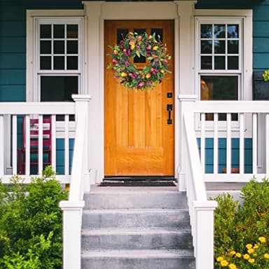 WreathDream 22 inch Spring Summer Wreath Tulip Wreath for Front Door with Purple Tassels, Eucalyptus Leaves, Ferns, Butterflies for Indoor Outdoor Wall Festival Home Farmhouse Wedding Decor - Image 4