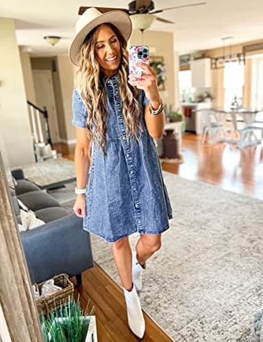 LookbookStore Jean Dress for Women Trendy Denim Babydoll Dress Short Sleeve Holiday Dresses for Women Summer 2025 Reef Blue Size 8 10 - Image 3