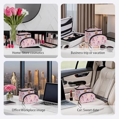 AmBealla Cosmetic Bag Large Makeup Bags Pink Travel Case with Makeup Brush Holder，2PCS Cosmetic Organizer for Women, Toiletry Storage Bag for Skincare & Beauty Tools Sweet Cute for Girls - Image 5
