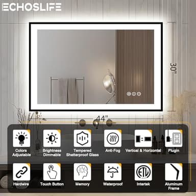 EchosLife 44x30 Bathroom Light up Mirror, Black Double Bright Lights, Anti-Fog Vanity Mirror with Lights, Stepless Dimmable Illuminated Mirror, Touch Control, Waterproof (Horizontal/Vertical) - Image 3