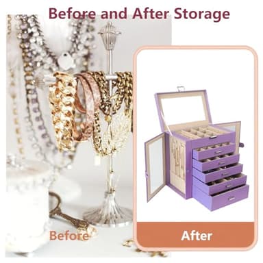 CIIGIO 6 Layer Large Jewelry Boxes With Mirror，Multifunctional 5 Drawers Jewelry Box Organizer with 2 Glass Door for Necklace Organizing (Purple) - Image 7