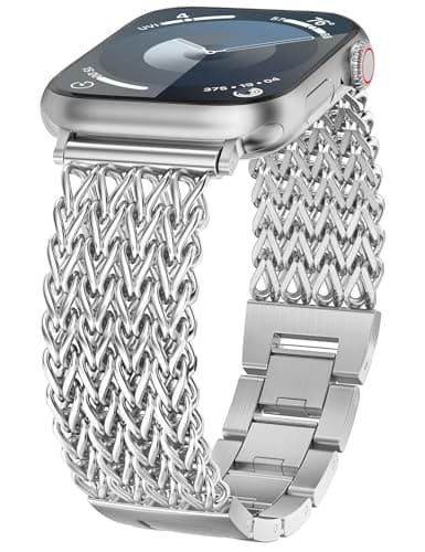 Minyee Compatible with Apple Watch Band 41/40/38/44/45/46/49/42mm Women, Dressy Stainless Steel Metal Chain Strap Designer Silver Cute Link Bracelet Wristband for iWatch Series 11 10 9 8 7 6 5 4 SE - Image 1