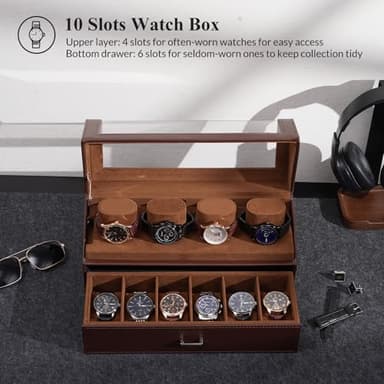 ProCase Watch Case for Men, 10 Slot Watch Display Stand with Acrylic Lid, Watch Display Case with Drawer, 2-Layer Mens Watch Box, Watch Holder Organizer for Men Women -Espresso - Image 4