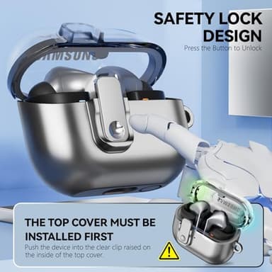 with Safety Lock for Galaxy Buds Pro 3 Case/Galaxy Buds 3 Case with Cleaner Kit for Men Women, Anti-Yellowing Clear Top Cover and Metal Spray Paint Lower Cover for Samsung Buds Pro 3- Black - Image 3