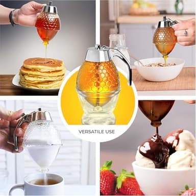 Hunnibi 8oz No Drip Glass Honey Dispenser with Plastic Top - Honeycomb-Style Syrup Server and Bee-Themed Storage Jar with Stand - 6" Clear Container for Honey, Maple Syrup - Image 6