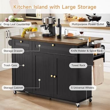 60" Kitchen Island with Power Outlet & Drop Leaf, Kitchen Rolling Island with Spice Rack & Towel Rack, Knife Holder, Kitchen Island Cart with Trash Storage Cabinet, Mobile Island Table for Kitchen - Image 4