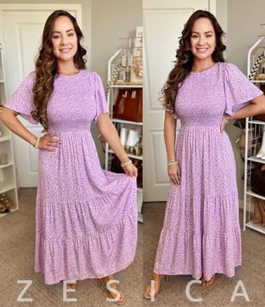 ZESICA Women's 2025 Summer Casual Floral Print Short Flutter Sleeve Crew Neck Smocked High Waist Flowy Maxi Dress,Purple,Medium - Image 7