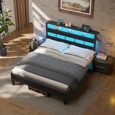 Furnulem Queen Bed Frame with Storage Headboard and LED Lights, Metal Bedframe with Charging Station and USB Port, Queen Size Platform Bed with Heavy Duty Slats, No Box Spring Needed, Black Oak - Image 3