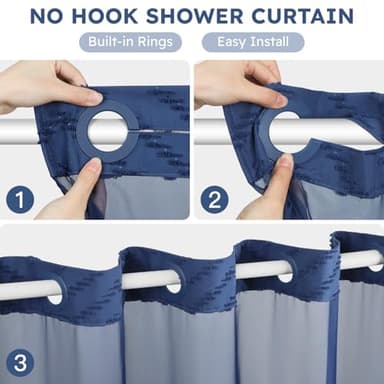 FADOTY No Hook Shower Curtain and Snap in Liner Set Navy Blue Tufted Chevron Striped Cloth Waterproof Washable Fabric Boho Bath Curtain with See Through Mesh Top Window for Bathroom Hotel 71" x 74" - Image 2