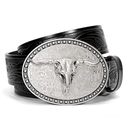 SANSTHS Western Belt Cowboy Belts for Men Women, Western Leather Belts Bull Buckle Belt Embossed Leather Belt for Jeans, Black/Long Bull Buckle - Image 1