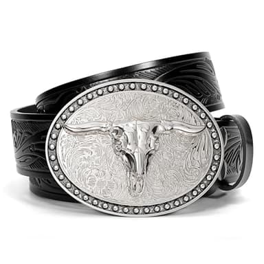 SANSTHS Western Belt Cowboy Belts for Men Women, Western Leather Belts Bull Buckle Belt Embossed Leather Belt for Jeans, Black/Long Bull Buckle - Image 1