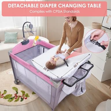 BIERUM 5-in-1 Pack n Play, Baby Bassinet, 3 Height Adjustable Baby Crib with Diaper Changer, Storage Bag & Music Box, Portable Bassinet with Carry Bag, Mattress for Newborn to Toddlers - Image 4