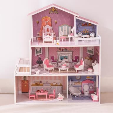ROBUD Wooden Dollhouse Playset, 3 Stories, 5 Rooms, 24 PCS Furniture, Pretend Play Toys Gift for Kids Toddlers Girls - Image 8