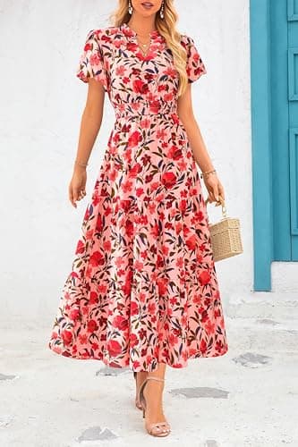 MASCOMODA Summer Maxi Dress for Women 2025 Casual V Neck Puff Short Sleeve Smocked Ruffle Flowy Beach Boho Long Floral Dress(Orange Pink Red Flower,Small) - Image 2
