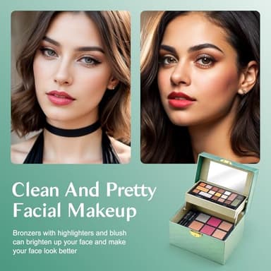Color Nymph Makeup Kit For Teens Girls, Makeup Set For Little Girls With Key-Lockable Storage Case Included 17-Colors Eyeshadows, Blush, Bronzer, Highlighter, Contour, Lipstick Brushes Mirror (Green) - Image 5