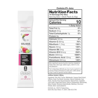 CELSIUS® On-the-Go Powder Sticks Dragonfruit Lime, Essential Energy 2.8 Oz (14 Sticks per Pack) - Image 3