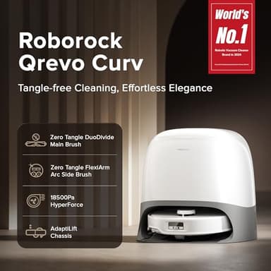 roborock Qrevo Curv Robot Vacuum and Mop, 18,500Pa Suction, Zero-Tangling, AdaptiLift Chassis, FlexiArm Technology, Hot Water Mop Washing & Dock Self Cleaning, Al Obstacle Recognition - Image 2