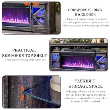 OKD Fireplace TV Stand for 85" TV, 33" Tall Highboy Farmhouse Entertainment Center w/ 42'' Electric Fireplace & LED Light, Rustic Media Console w/Sliding Barn Door for Living Room, Drak Rustic Oak - Image 4