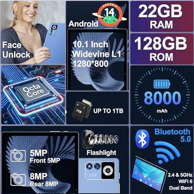 2025 Android 14 Tablet 22GB RAM 128GB ROM 1TB Expand, 10.1 inch 8000mAh Octa-Core Tablet with Keyboard & Mouse, HD IPS Display, 5G Wi-Fi, Bluetooth 5.0, GPS, Widevine L1, Split Screen -Metal Blue - Image 6