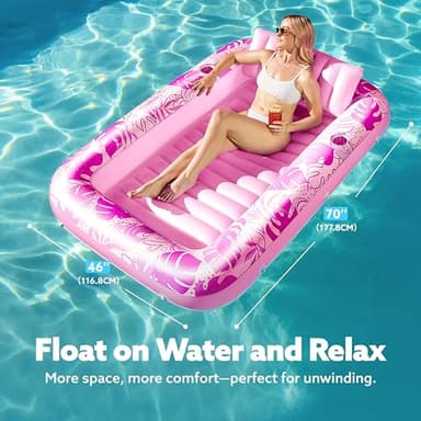 SLOOSH Inflatable Tanning Pool Lounger Float, 70" x 46" Pool Floats Adult with Pillow, 4 in 1 Suntan Tub Raft Floatie,Sunbathing Bed Lounge for Water Blow Up Kids Ball Pit Party Gifts, L-Hot Pink - Image 2