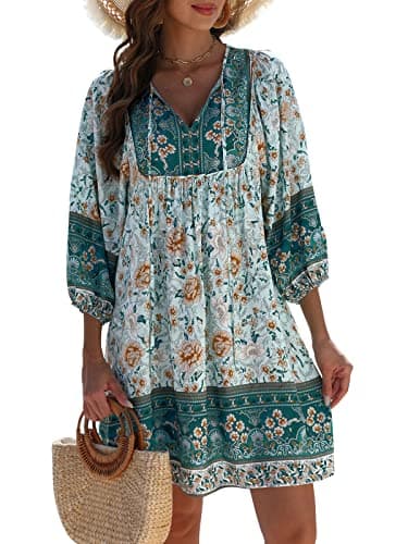 Qearal Summer Dresses for Women Trendy Boho Floral Print Cover Up Beach Dresses Blue XXL - Image 1