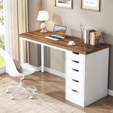 Tribesigns Computer Desk with 5 Drawers, 47 inches Rustic Brown Home Office Desk with Storage, Modern Simple Laptop Desk Study Writing Table for Small Spaces (Reversible Drawer Cabinet) - Image 5