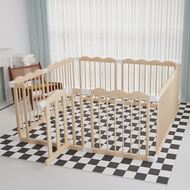 Baby Playpen, Wooden Playpen for Babies and Toddlers, Large Adjustable Wooden Baby Playard with Locking Gate, Easy to Assemble, Portable Play Pen, Infant Play Pen Play Area(47x62x24 Inch) - Image 1