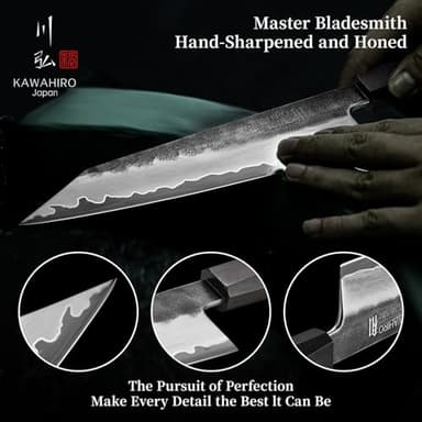 KAWAHIRO 210mm Japanese Kiritsuke Chef Knife with Tri-Ply VG-10 Stainless Steel Blade, Ergonomic Handle Grip and Premium Wood Box, Cooking Gifts for Men Women - Image 4