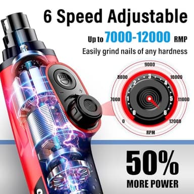 Casfuy Smart 6-Speed Dog Nail Grinder - 50% More Power Pet Nail Grinder with 2 LED Lights Quiet Rechargeable Electric Dog Nail Trimmers File Toenail Grinder for Large Medium Small Dogs & Cats (Red) - Image 2