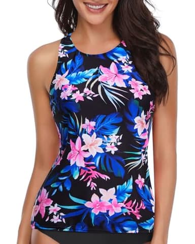 Holipick Purple Blue Flower Tankini Tops for Women High Neck Bathing Suit Tops Tummy Control Tank Tops Swimsuits XXL - Image 1