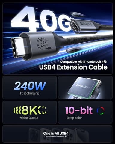 Silkland USB C Extension Cable 40Gbps, [240W Charging/8K/4K@240Hz] USB C Extender 5ft, Braided USB4 Extension Male to Female for Thunderbolt 4/USBC Hub/iPhone16/MacBook/iPad/Pixel/Dell XPS - Image 2