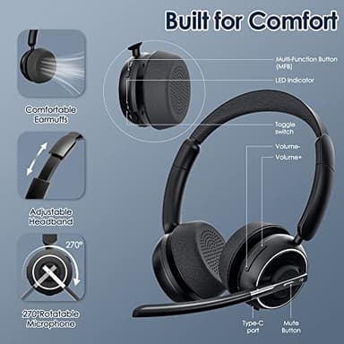 Wireless Headset, Bluetooth Headset with AI Noise Cancelling Mic, Bluetooth V5.2 Headphones with USB Dongle, Charging Base & Mic Mute for PC/Cell Phones/Call Center (Black) - Image 6