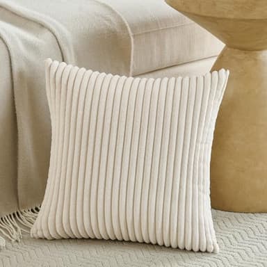 Fancy Homi Set of 2 Cream Boho Neutral Decorative Throw Pillow Covers 18x18 Inch for Couch Bed Sofa, Aesthetic Modern Farmhouse Home Decor, Soft Fluffy Corduroy Beige Cute Cushion Case 45 cm - Image 2