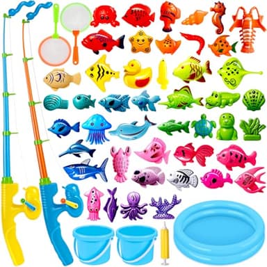 CozyBomB™ Magnetic Fishing Toys Game Set for Kids | Water Table Bathtub Kiddie Pool Party & Pole Rod Net, Plastic Floating Fish Toddler Color Ocean Sea Animals Birthday Age 3 4 5 6 Year - Image 1