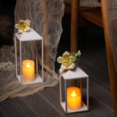 MATAHUM 2pcs Wedding Lanterns Decorative with LED Flameless Candle - White Vintage Farmhouse Metal Decorative Candle Lanterns for Wedding, Fireplace, Table Centerpiece, Indoor, Room, Valentine Decor - Image 2