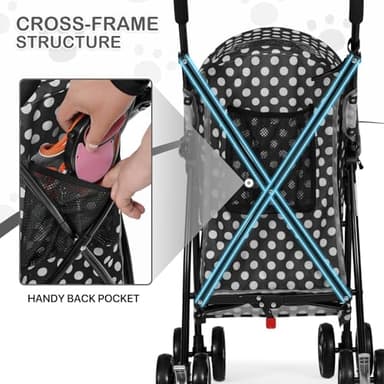 MoNiBloom 4 Wheels Pet Stroller, Easy-Fold Umbrella Shaped Dog Cat Jogger Stroller w/Storage Bag & Visible Mesh for Small/Medium Dogs Cats Black Polka Dots - Image 8