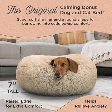 Best Friends by Sheri Original Calming Donut Dog and Cat Bed, Shag Faux Fur, Taupe, (23in x 23in) - Anxiety Relief for Pets Up to 25 lbs - Image 2