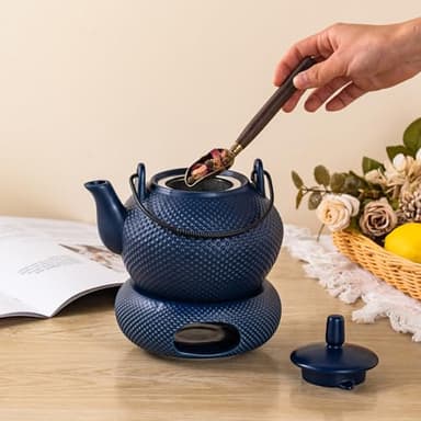 TEATALK Ceramic Teapot with Warmer: 27 oz Large Tea Pot with Infuser for Loose Tea, Blue Teapot with Strainer - Image 7