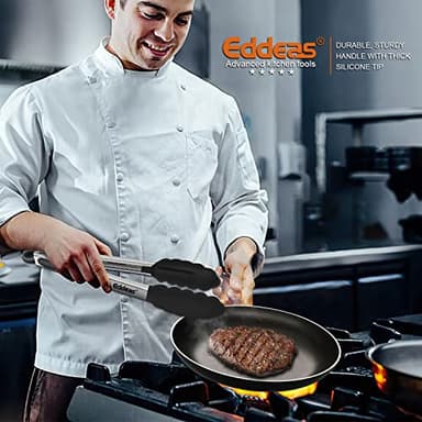 Eddeas Kitchen Tongs with Silicone Tips, Tongs for Cooking Heat Resistant 600 Degrees Stainless Steel Locking Tong - 7" 9" & 12 inch Silicone Tong Non-Stick, Black Set of 3 - Image 5