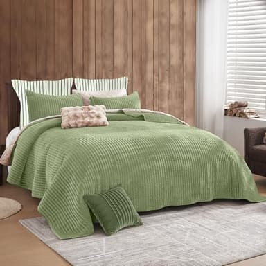 SHALALA Velvet Quilt Queen Size,Vertical Striped Bedding Set,Lightweight Velvet Comforter,Luxurious Cozy Bedspread and Coverlet with Soft Brushed Microfiber(Sage Green,Full/Queen) - Image 2