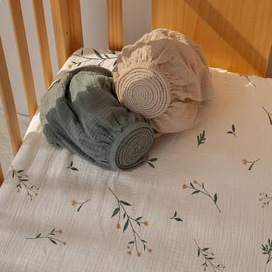 Gllquen Baby Muslin Mini Crib Sheets 3 Pack, Breathable Pack and Play Sheets Fitted Soft Cozy Cotton Pack N Play Sheets for Baby Boy Girls, Universal Fitted Mini Crib Mattresses 38"x26" (Green) - Image 3