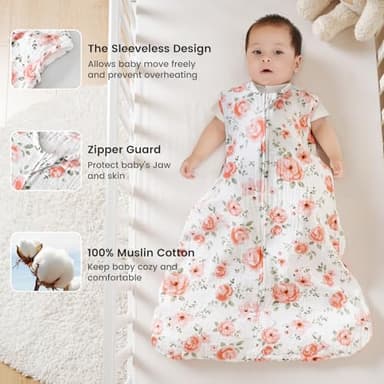 PHF 100% Muslin Cotton Baby Sleep Sacks, 12-18 Months Sleep Sack with 2-Way Zipper, 2 Pack Cooling 0.5 TOG Breathable Large Size Sleeveless Baby Wearable Blanket for Baby Girl, Floral - Image 2