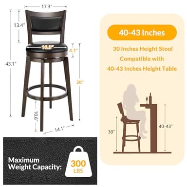 PrimeZone Swivel Bar Stools Set of 4, 30 Inch Bar Height Barstools, Black Faux Leather Bar Stool with High Backrest & Solid Wood Legs & Wrap-Around Footrest, Counter Stools for Kitchen Island, Pub - Image 3