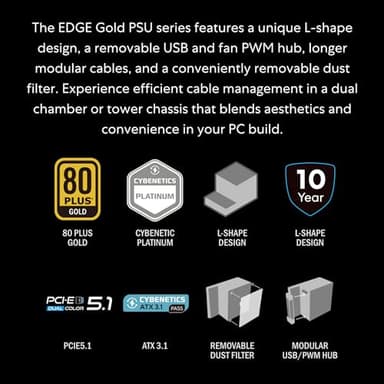 Lian Li EDGE1200W Fully Modular Low-Noise ATX Power Supply - ATX 3.1 & PCIE 5.1 Compliant - Cybenetics Gold Efficiency - 12V-2x6 Cable - L-Shape Design - with USB/Fan Hub - Black (EG1200G.WB) - Image 7