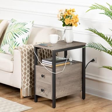 HOOBRO End Table with Charging Station, Narrow Side Table with 2 Drawers & USB Ports & Power Outlets, Nightstand for Small Spaces, Bedroom, Living Room, Stable and Sturdy, Greige and Black BG541BZ01 - Image 5