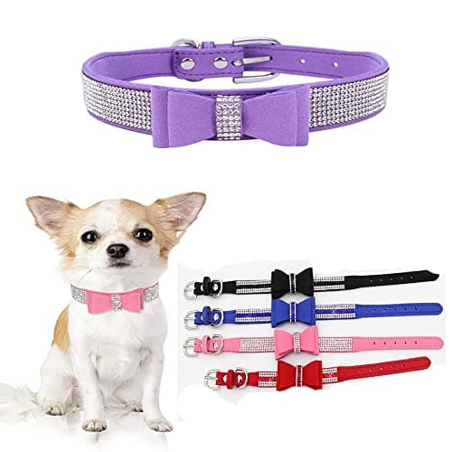 Extra Small Dog Collar with Bowtie,Purple S Rhinestone Bling Diamond Sparkly Crystal Jewel Cute Adjustable for Small Medium Large Girl Puppy Cat Collars Female Pet Kitten - Image 1