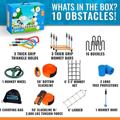 Ninja Warrior Obstacle Course for Kids – 2 x 50 ft Slacklines with 10 Weatherproof Obstacles – Monkey Net, Ratchet-Tight Technology, Supports Up to 880 lbs – Climbing & Swinging Equipment - Image 5