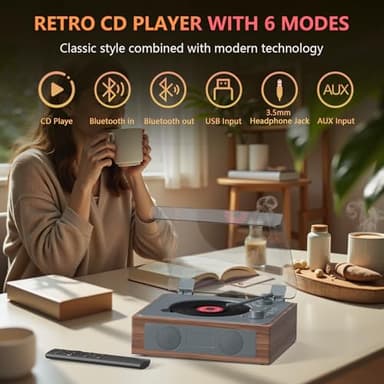 CD Player Portable with Speakers, Retro CD Record Player, Small Vintage CD Player with Bluetooth, Rechargeable Double HiFi Sound Speakers Support AUX/USB/Type-C/Headphone Jack/Remote Control - Image 2